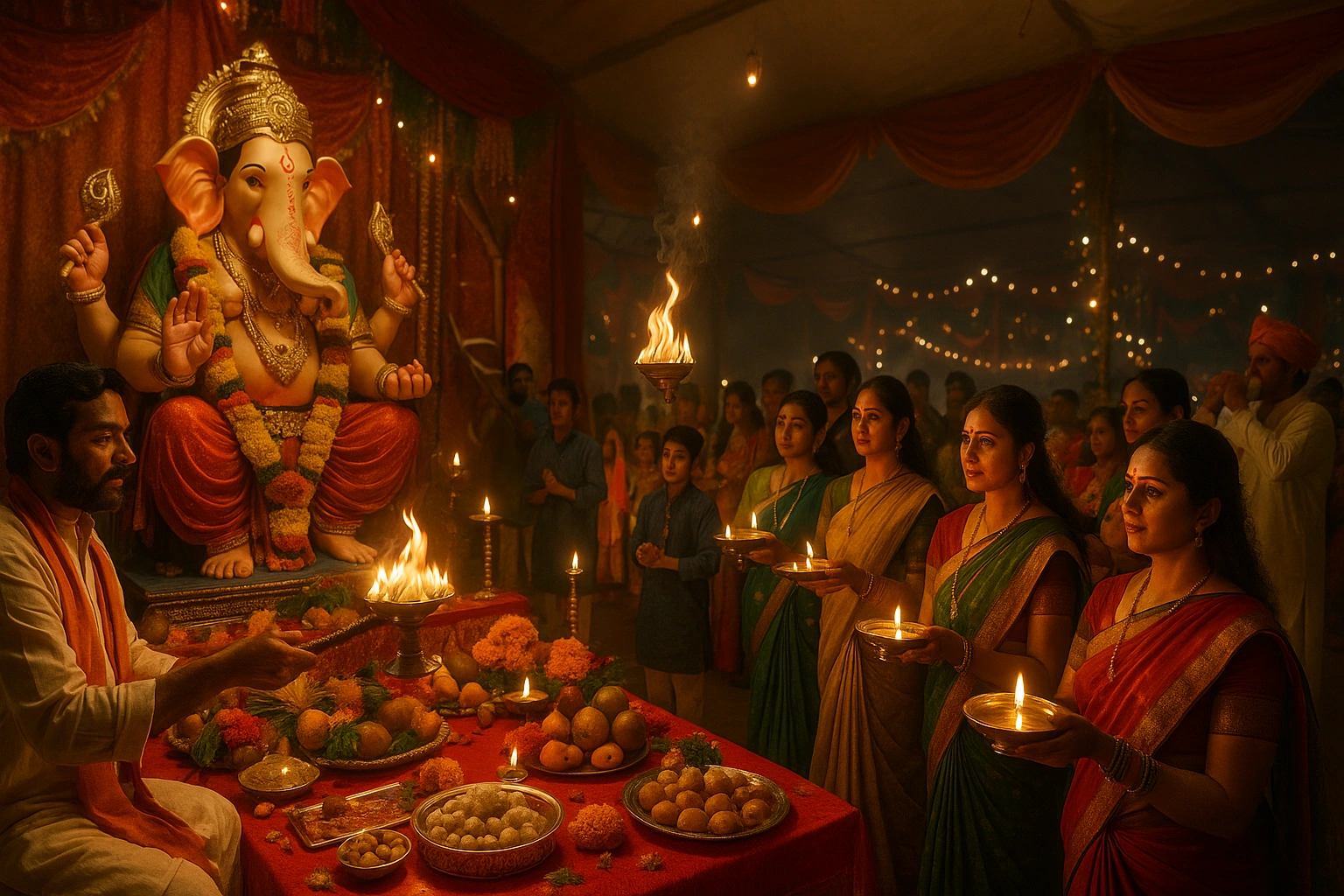 Priest and devotees performing Ganesh Chaturthi aarti with lamps, modaks, and flowers before a decorated Ganesha idol.