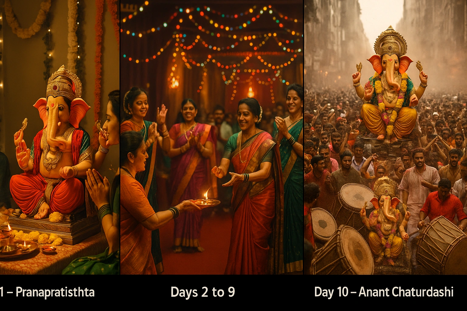 A triptych showing Day 1 idol installation, Days 2–9 cultural celebrations, and Day 10 visarjan procession of Ganesh Chaturthi in Maharashtra.