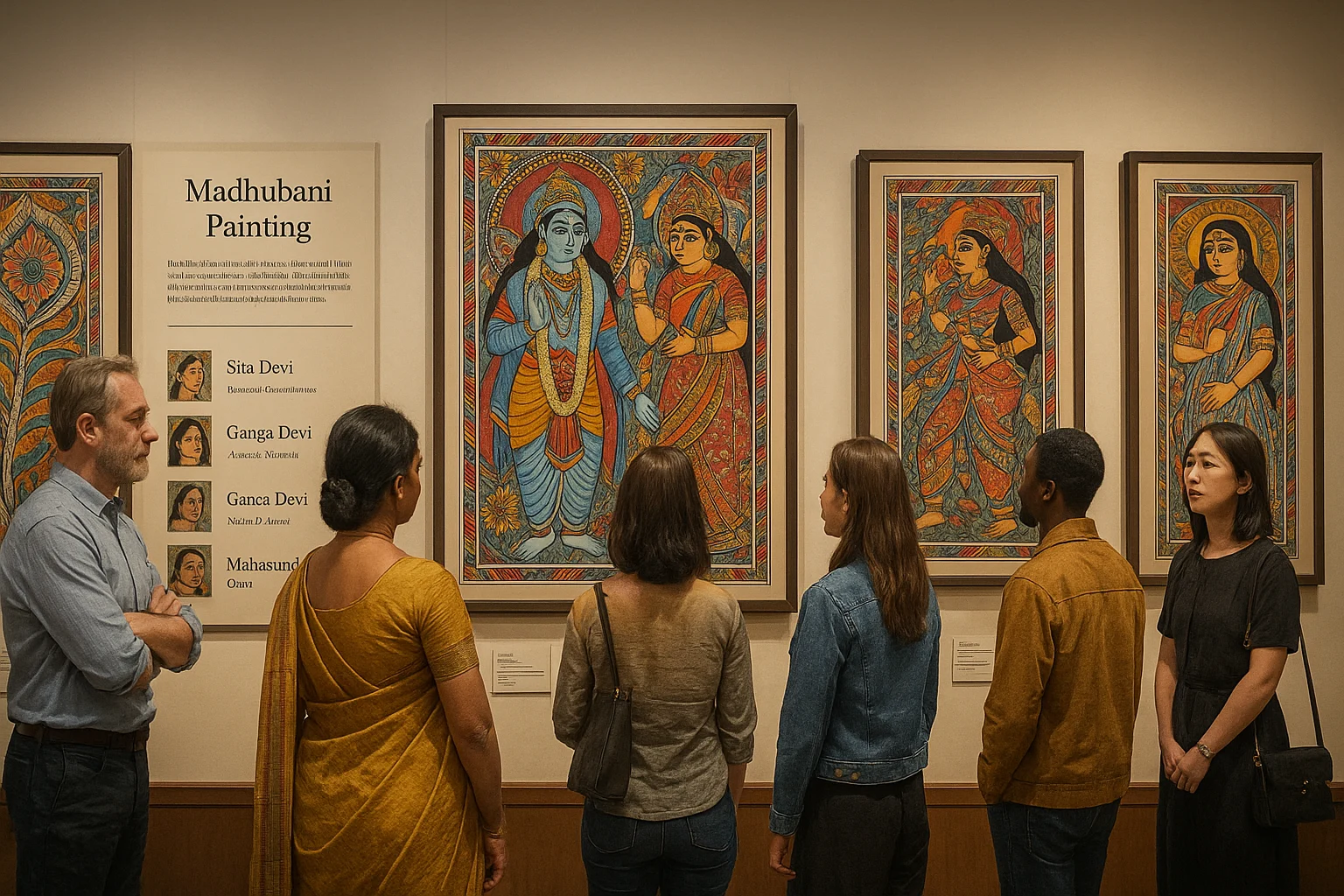 Visitors at an international gallery admiring Madhubani paintings by Sita Devi, Ganga Devi, and Mahasundari Devi.