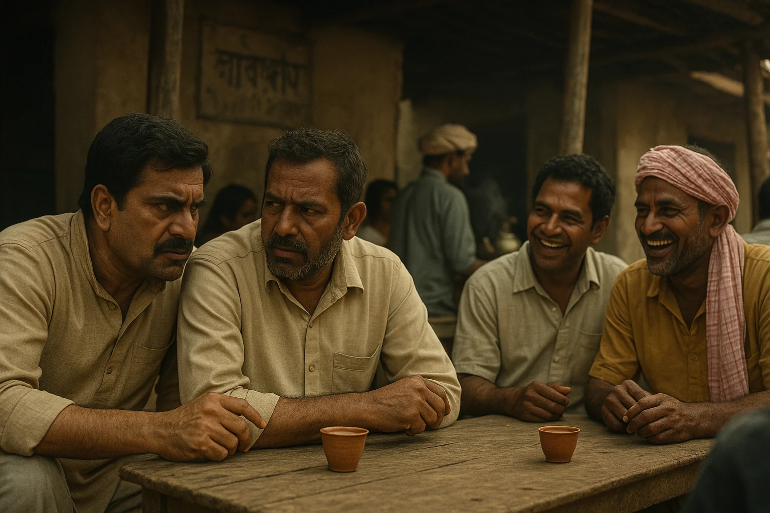 Indian villagers sit at a tea stall while Rameshwar whispers bitter gossip, ignored by others.