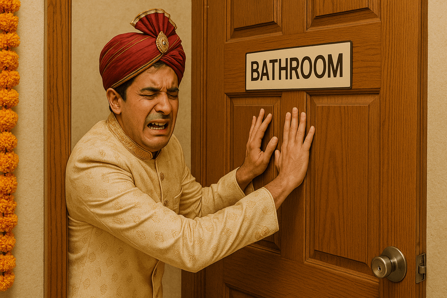 Indian groom in cream sherwani and red turban banging urgently on a closed bathroom door
