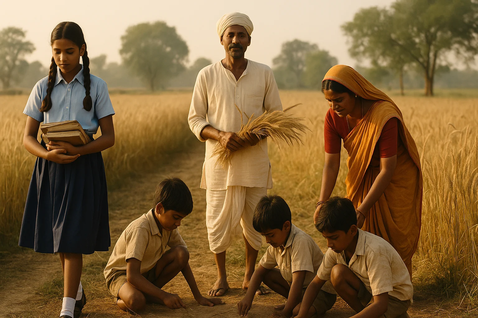 Rural farmer family harvesting wheat, girl in school uniform with books, boys writing in dirt, golden field background, 1970s Uttar Pradesh