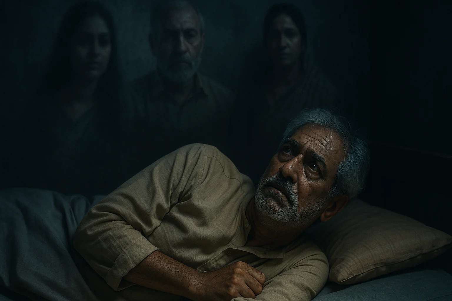 Elderly Rameshwar lies awake in bed, haunted by ghostly memories of family and villagers he wronged.