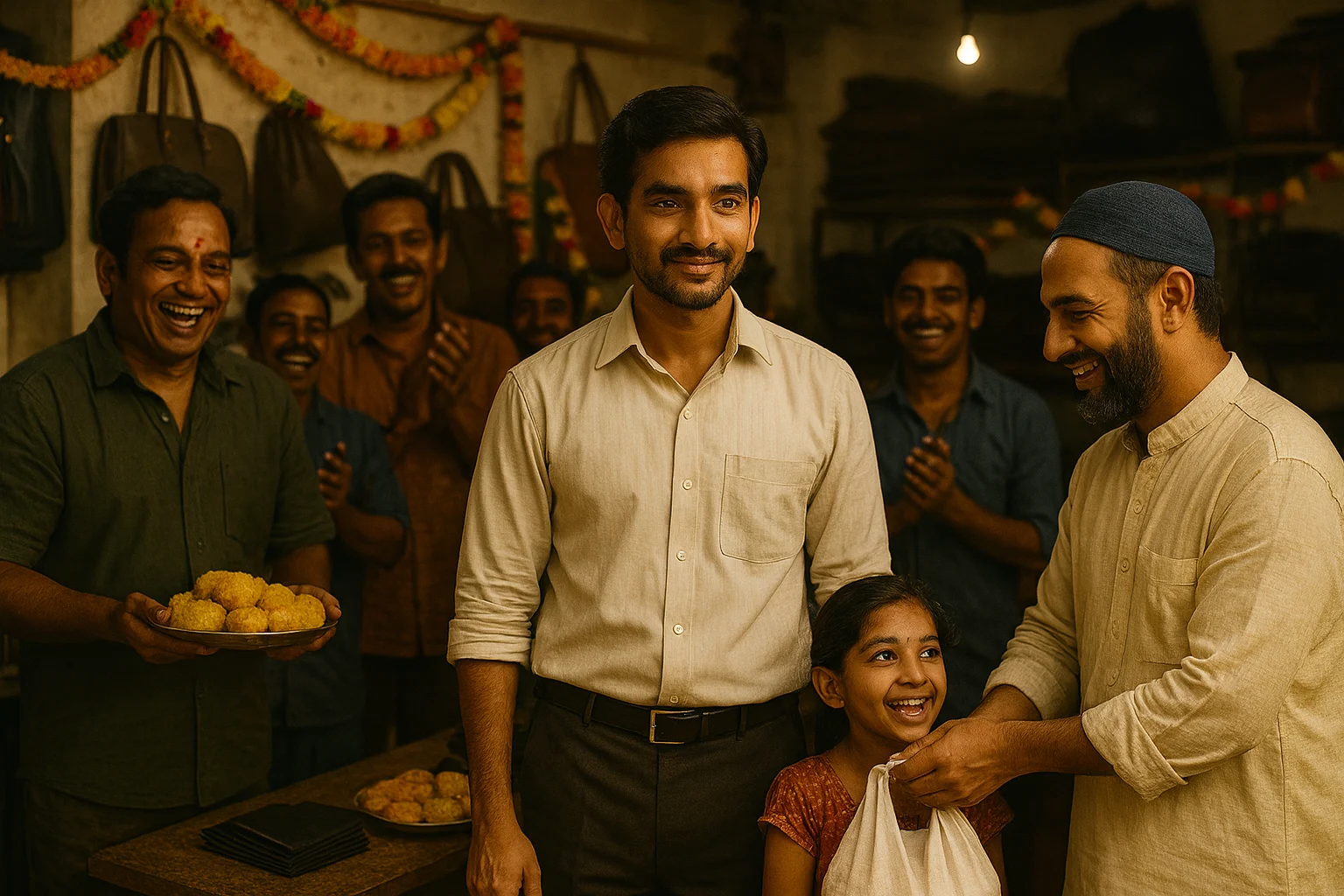 Imtiyaz, wearing a beige shirt, stands smiling among diverse workers during a festive gathering in his leather workshop.