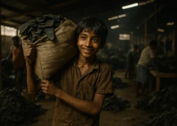 A young boy in Dharavi carries a heavy sack of scrap leather, smiling despite hardship inside a dim leather tanning workshop.
