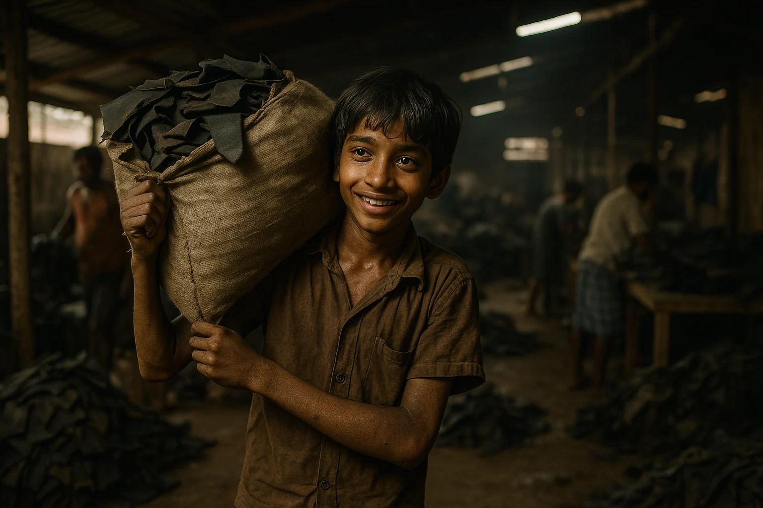A young boy in Dharavi carries a heavy sack of scrap leather, smiling despite hardship inside a dim leather tanning workshop.