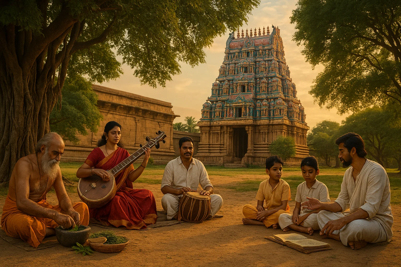 Temple, musicians, healer, and children learning under a banyan tree symbolizing Vedic influence.