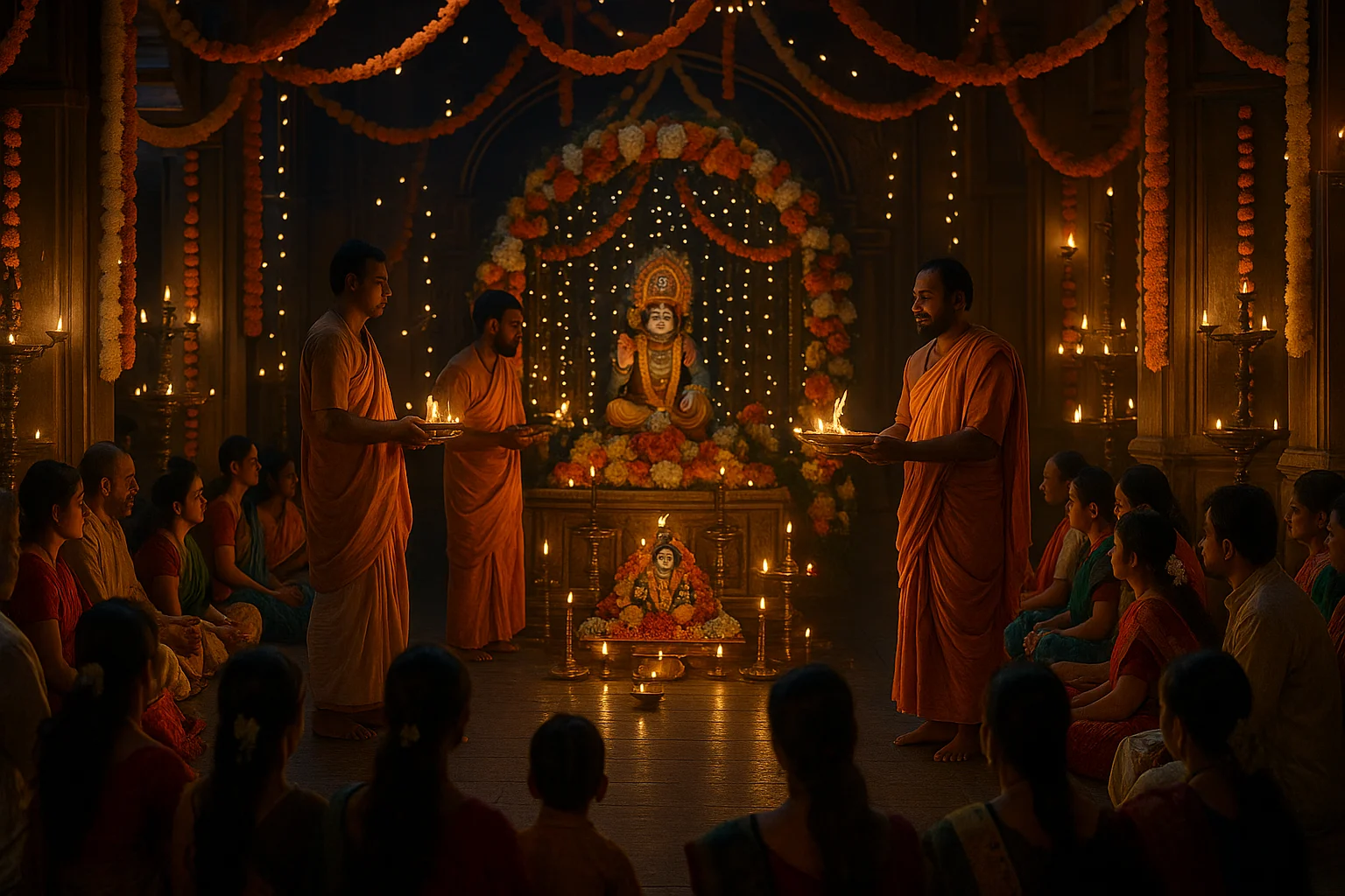 Devotees in a decorated temple performing Janmashtami midnight puja with priests, lamps, and a beautifully adorned idol of baby Krishna.