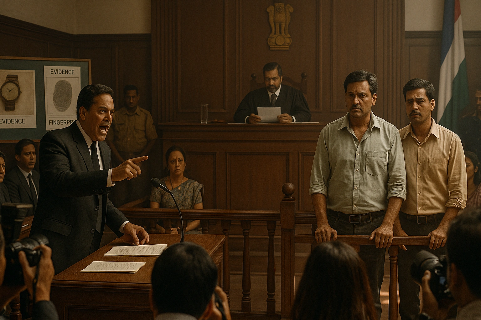 Prosecutor presenting evidence as Rakesh and Jitendra stand in the dock during trial