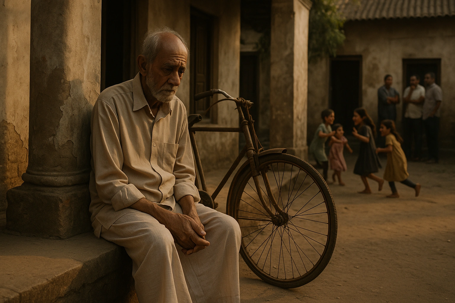 An elderly man sits by his rusting bicycle on a veranda while children play and neighbors gossip.