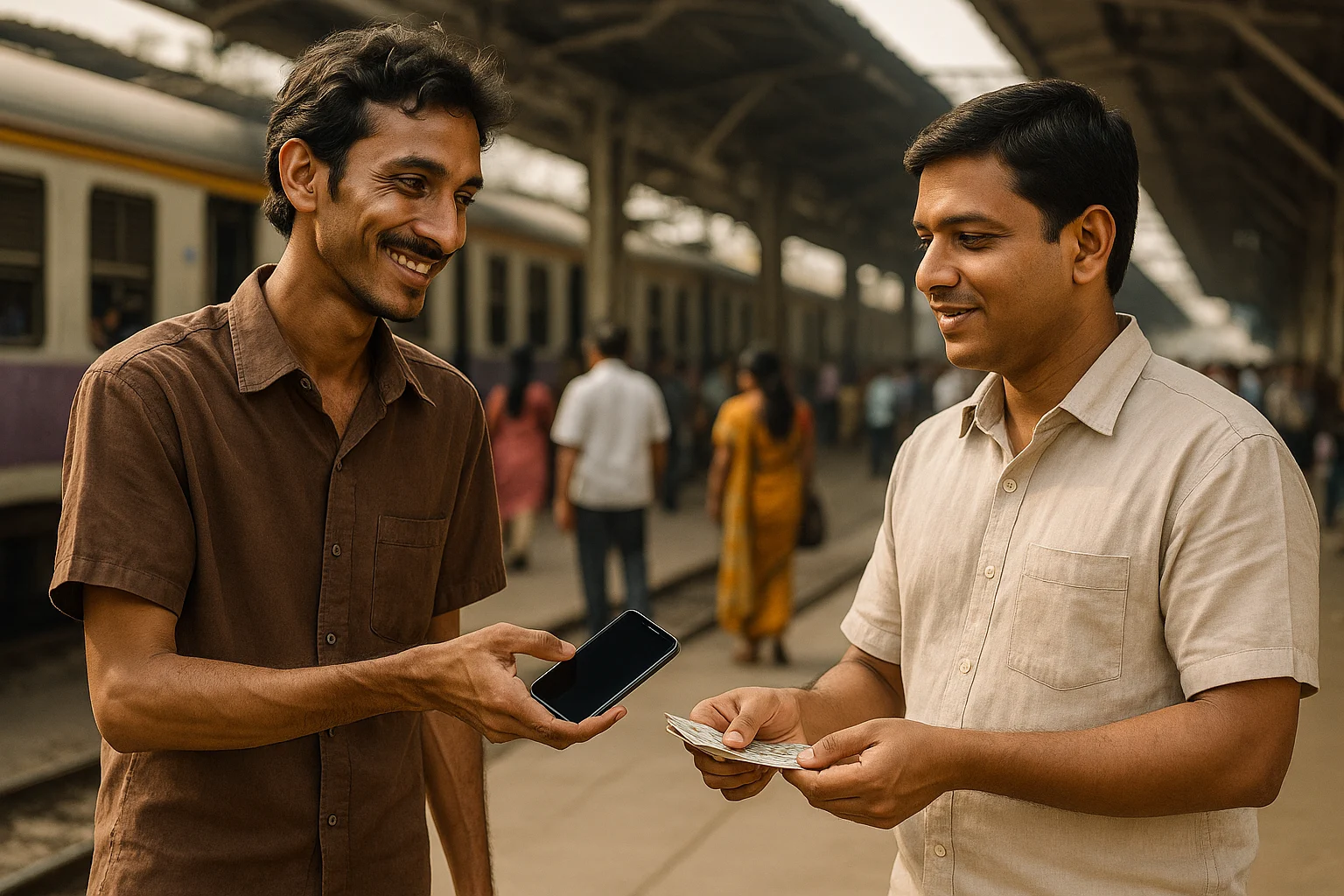 Madhab hands a smartphone to Prakash at a railway station while Prakash offers cash.