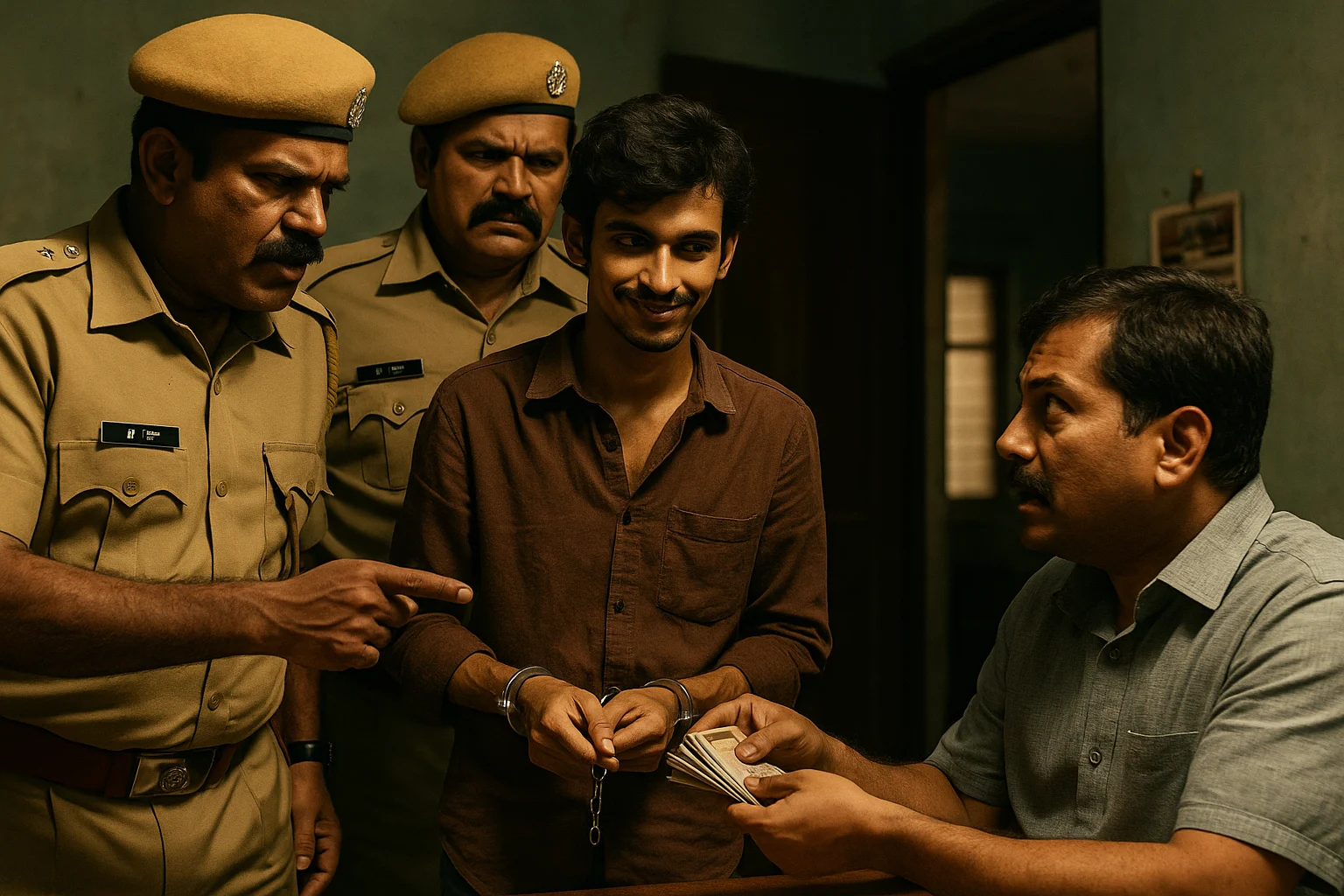 Madhab in handcuffs with Railway Police constables intimidating a frightened man holding money.