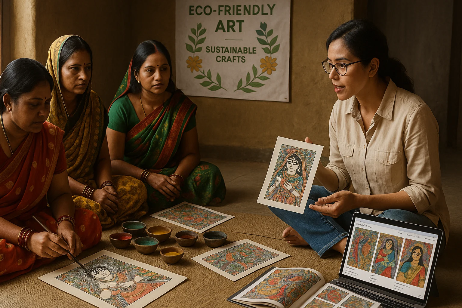 NGO training rural women in Bihar to create eco-friendly Madhubani paintings for global markets.