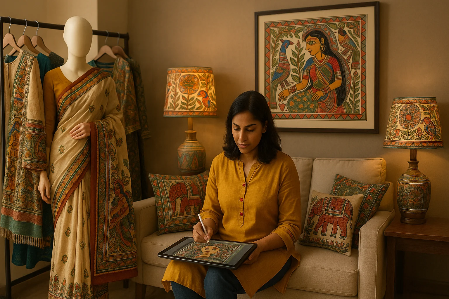 A modern setting showing Madhubani motifs on sarees, cushions, lamps, and digital artworks.