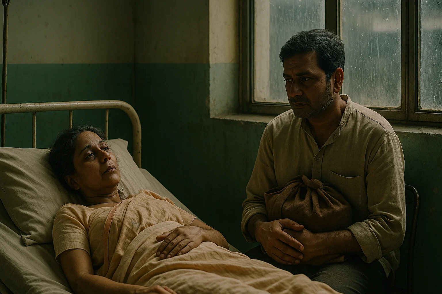 Indian woman lying weak in a government hospital bed as her husband sits beside her holding a cloth bag.