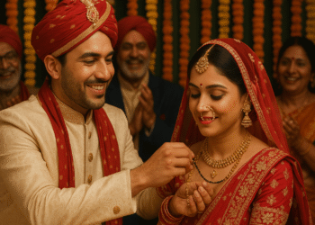Smiling Indian groom tying mangalsutra on bride during vibrant traditional wedding ceremony