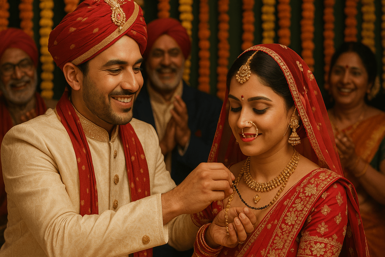 Smiling Indian groom tying mangalsutra on bride during vibrant traditional wedding ceremony