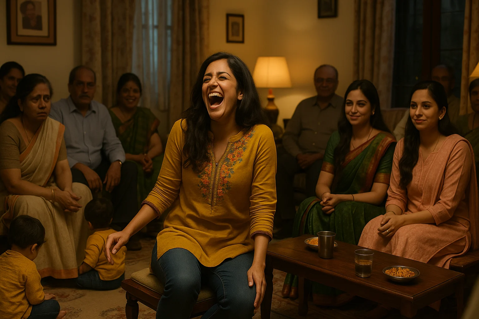 Ritika bursts into loud laughter at a family gathering while her married sisters smile quietly and relatives sit in silence.
