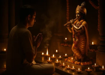 A devotee meditates before a glowing statue of Lord Krishna in a temple surrounded by oil lamps and incense smoke.