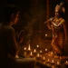 A devotee meditates before a glowing statue of Lord Krishna in a temple surrounded by oil lamps and incense smoke.