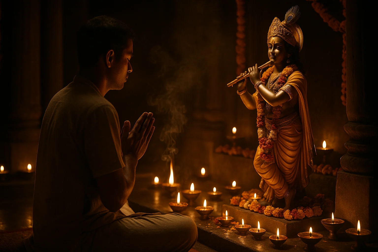 A devotee meditates before a glowing statue of Lord Krishna in a temple surrounded by oil lamps and incense smoke.