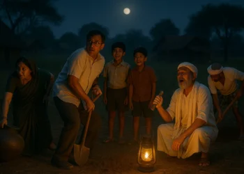 Villagers sneaking out at night with spades, widow dragging a pot, schoolmaster caught by students, and priest hammering soil under moonlight.