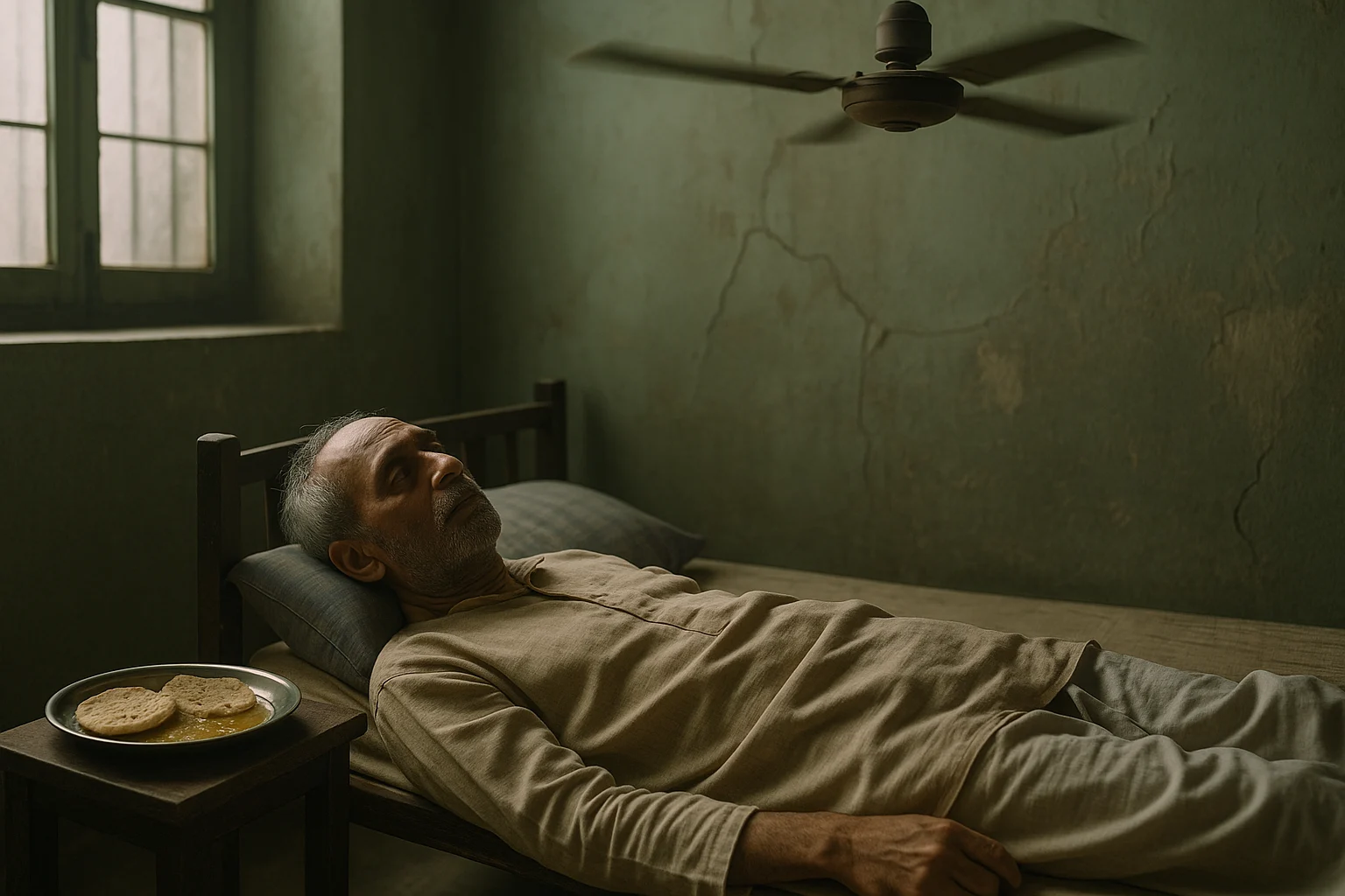 Elderly Indian man lying weak on a bed in a sparse Jharkhand home with untouched simple food nearby.