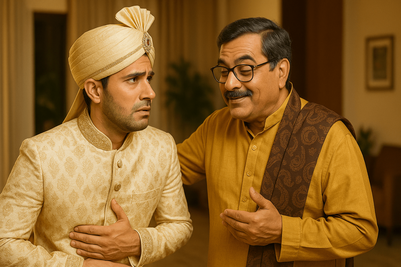 Older Indian man in mustard kurta winking at nervous groom in cream sherwani during a wedding pep talk