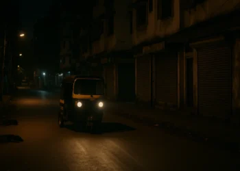 Autorickshaw driving through dimly lit Mumbai street at night with stray dogs resting.
