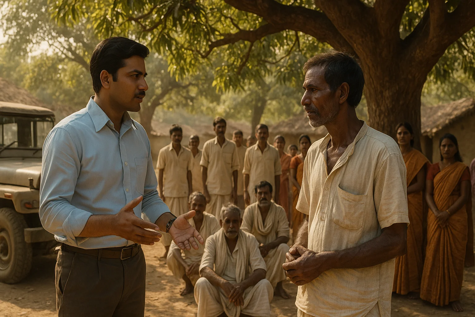 NGO worker in blue shirt speaking to farmer in white dhoti under a mango tree, villagers and jeep in background, rural Uttar Pradesh 1970s
