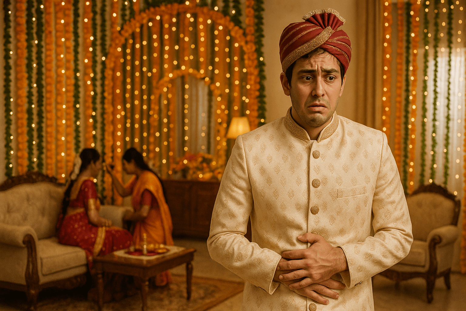 Indian groom in cream sherwani clutching stomach with nervous expression in a marigold-decorated wedding room