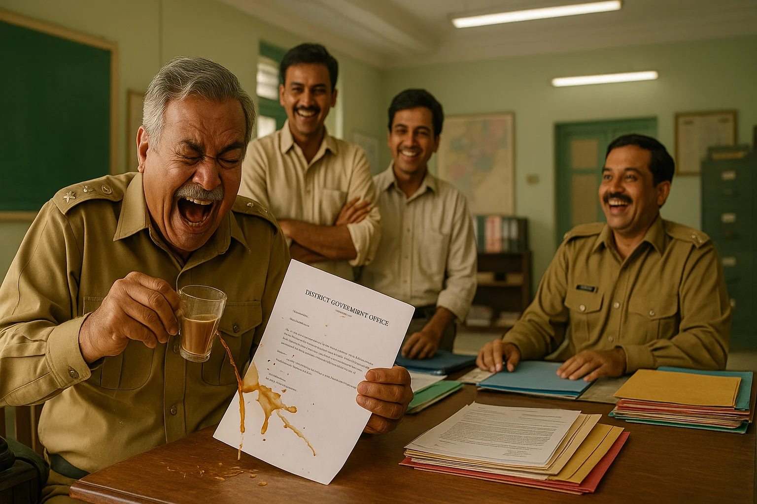 Government officer laughing so hard he spills tea on an official letter in a district office.