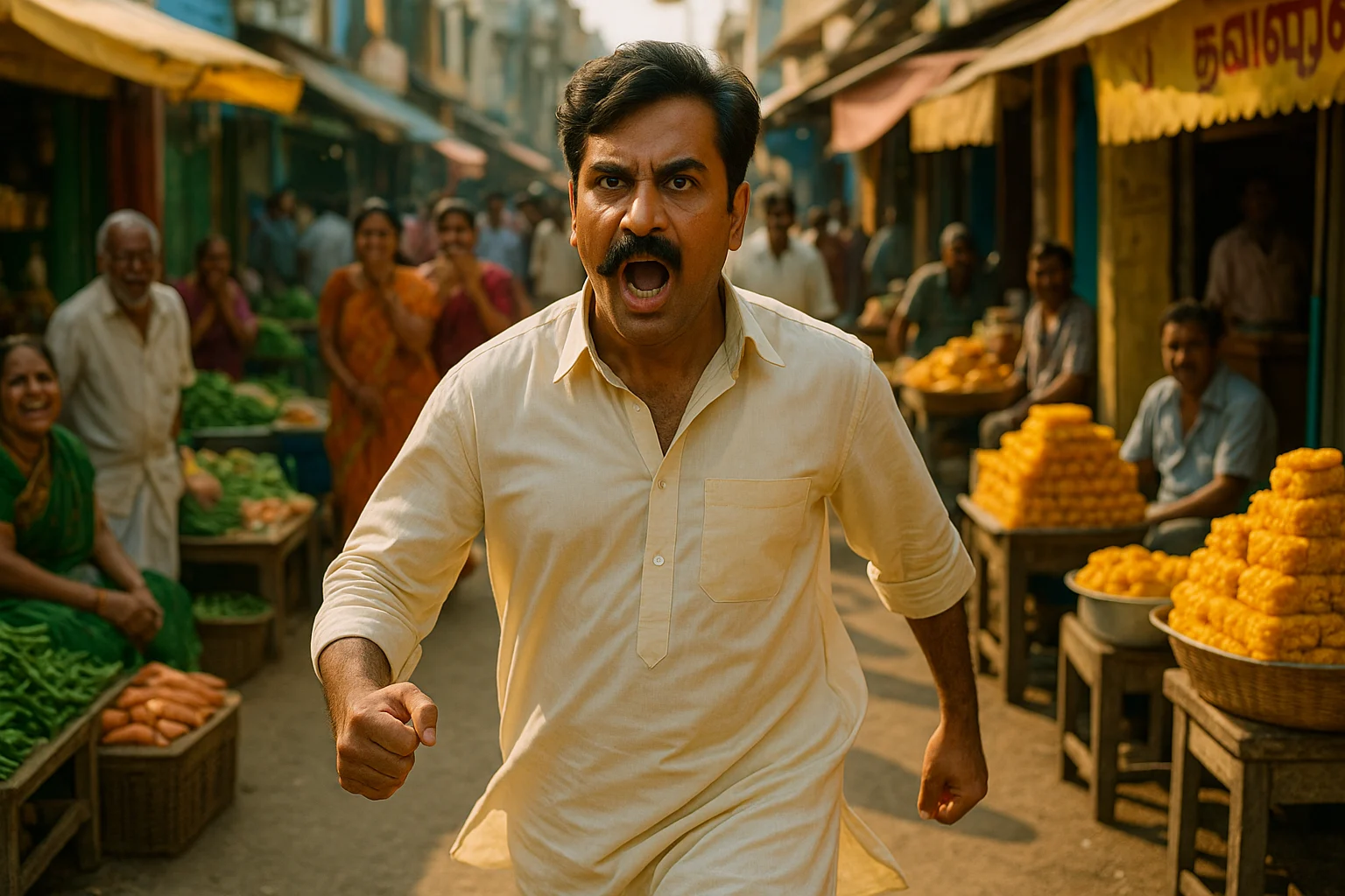Furious man with half a moustache storms through Tirunelveli market, shouting.