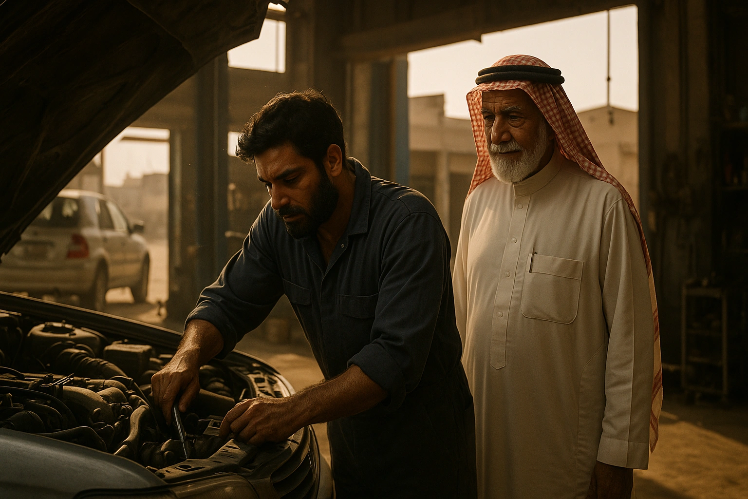Rahman repairs a car under the watchful eye of Sheikh Khalid in a Saudi workshop.