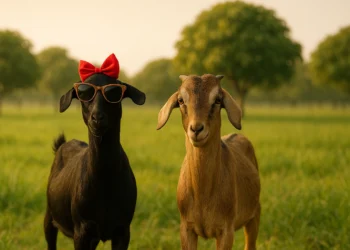 Two goats standing in rural field, one wearing sunglasses and red bow