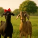 Two goats standing in rural field, one wearing sunglasses and red bow