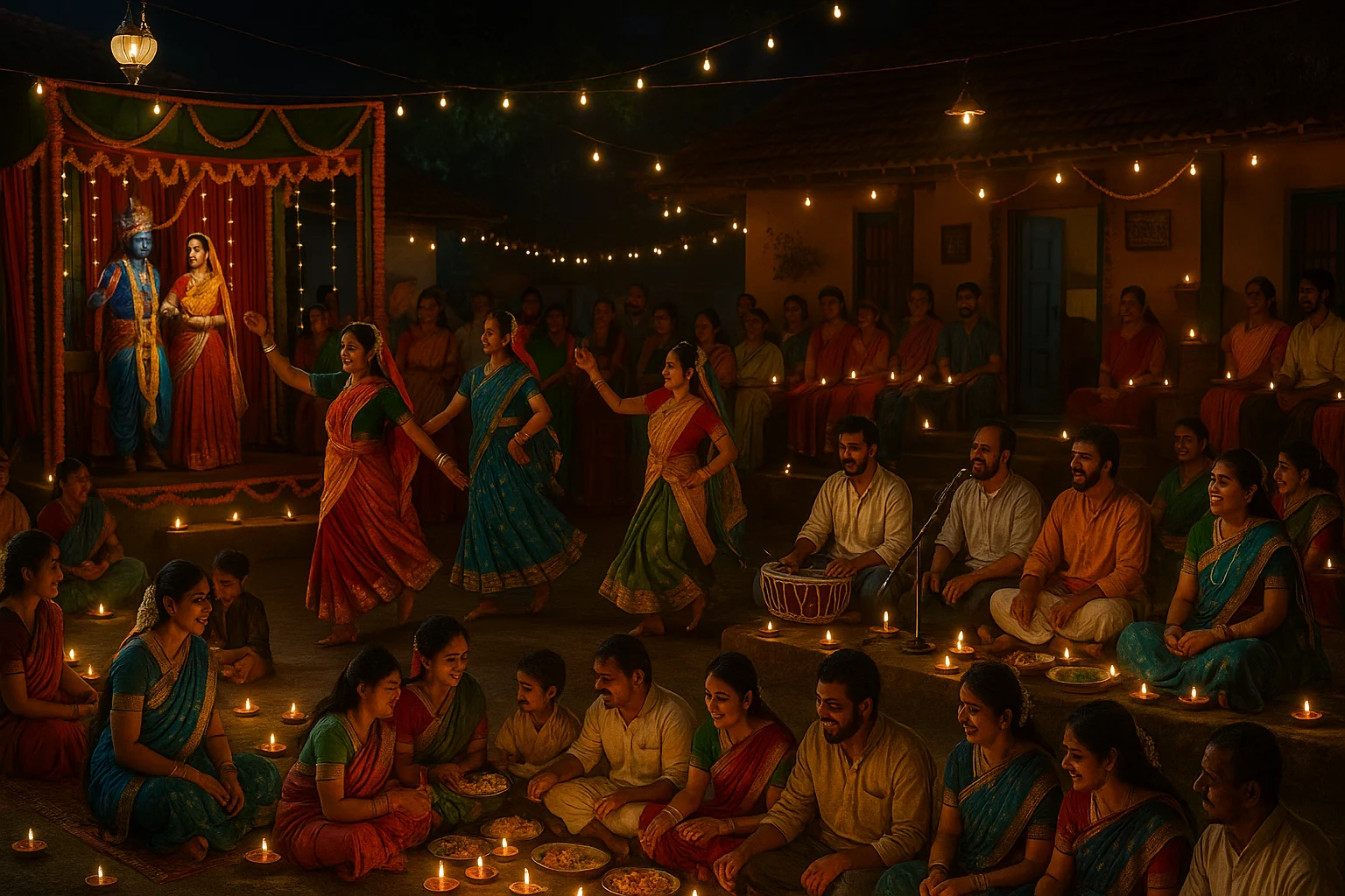 Villagers celebrate Janmashtami with Raslila performances, devotional bhajans, traditional Raas dance, and sharing prasadam under festive lights.