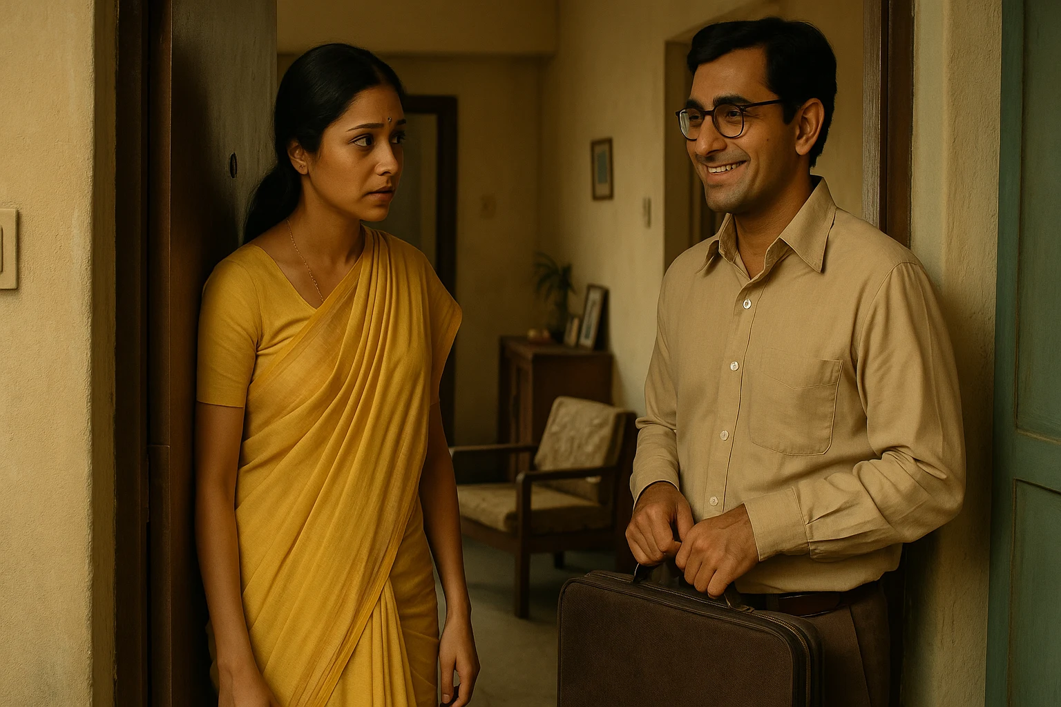 Indian woman in yellow saree opens door to man in spectacles holding a briefcase