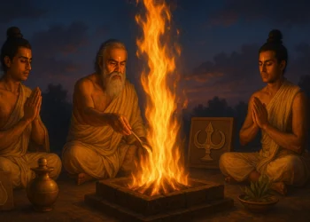 Vedic priests performing a fire ritual with offerings to Agni.