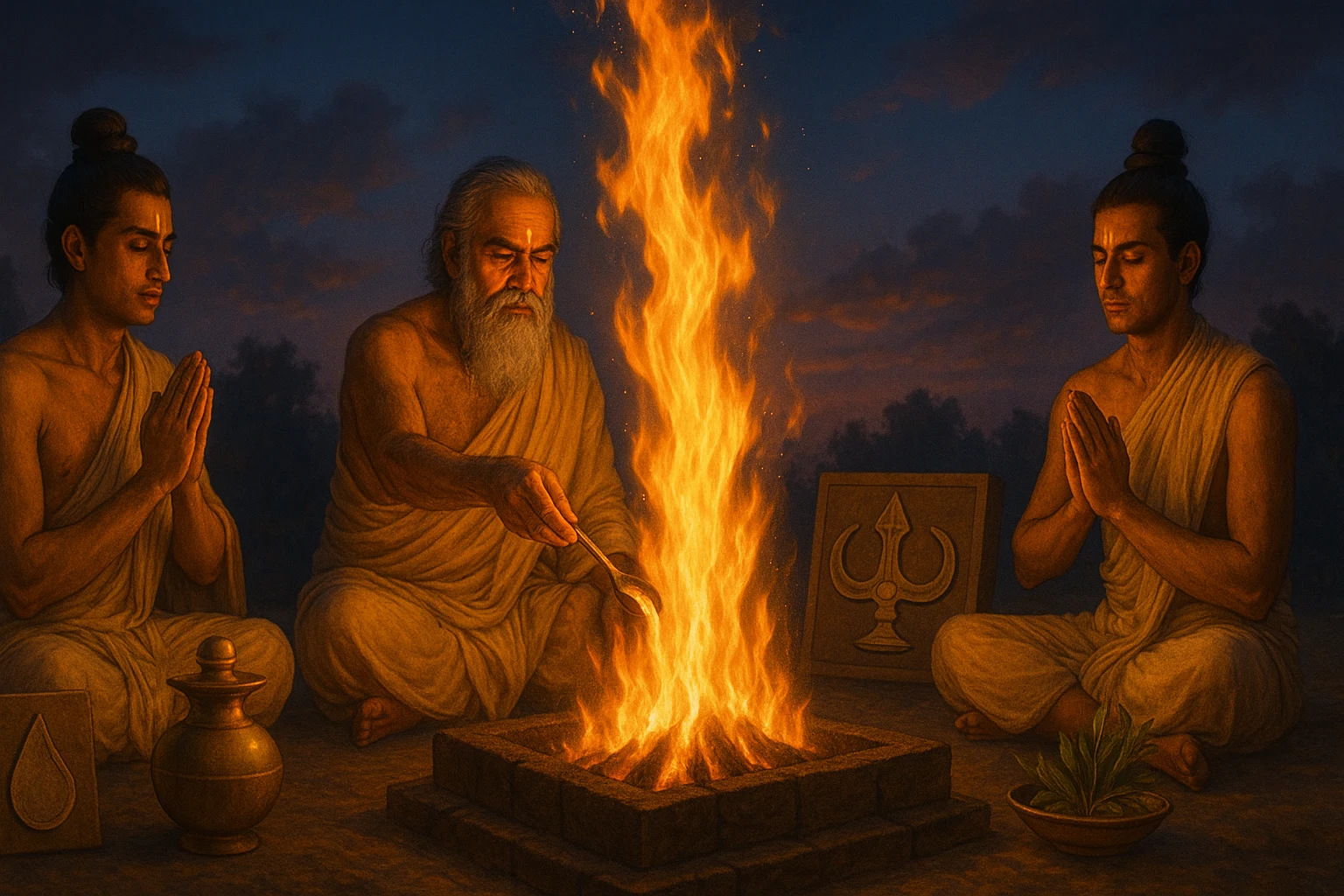 Vedic priests performing a fire ritual with offerings to Agni.