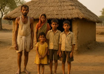 Poor farmer family in front of a thatched hut, rural Uttar Pradesh, 1970s
