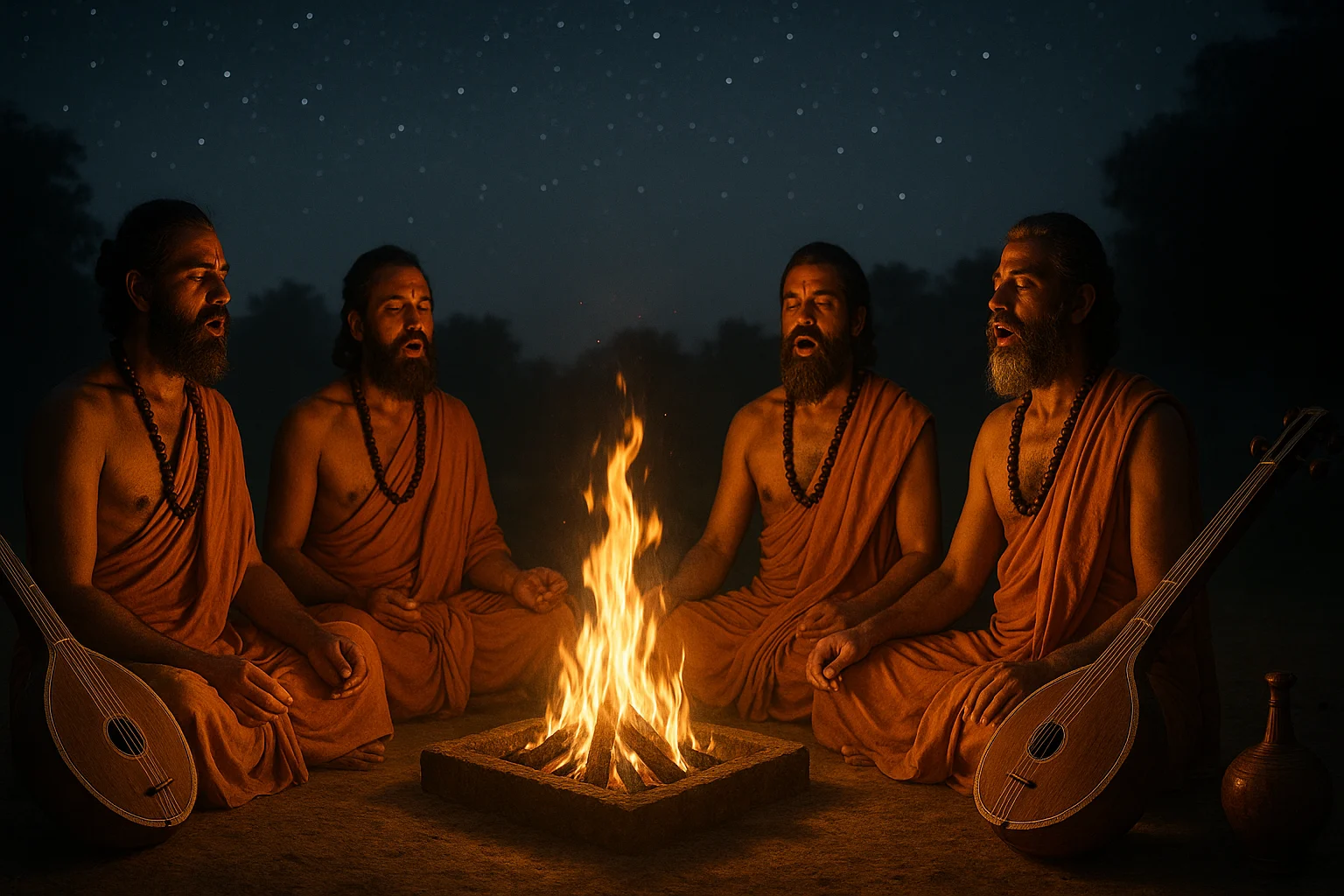 Vedic priests chanting around a sacred fire with veena instruments under a starry night.