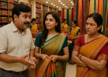 Indian couple in saree shop, husband talking to another woman while wife looks on suspiciously.