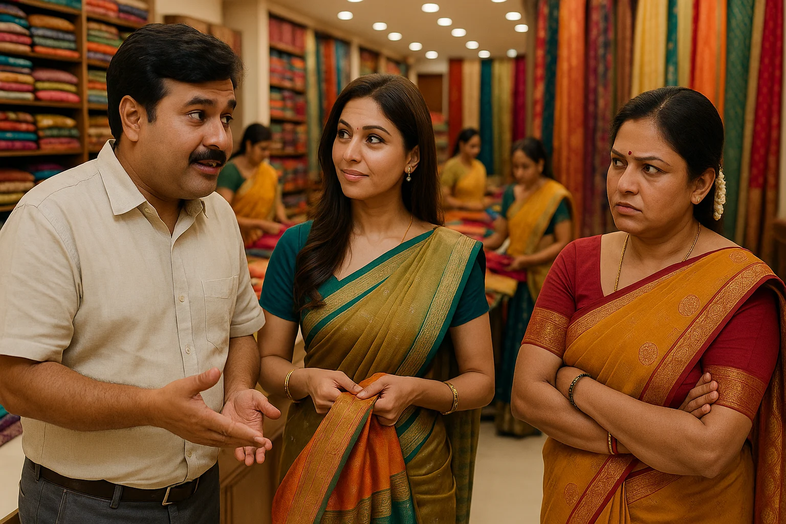 Indian couple in saree shop, husband talking to another woman while wife looks on suspiciously.