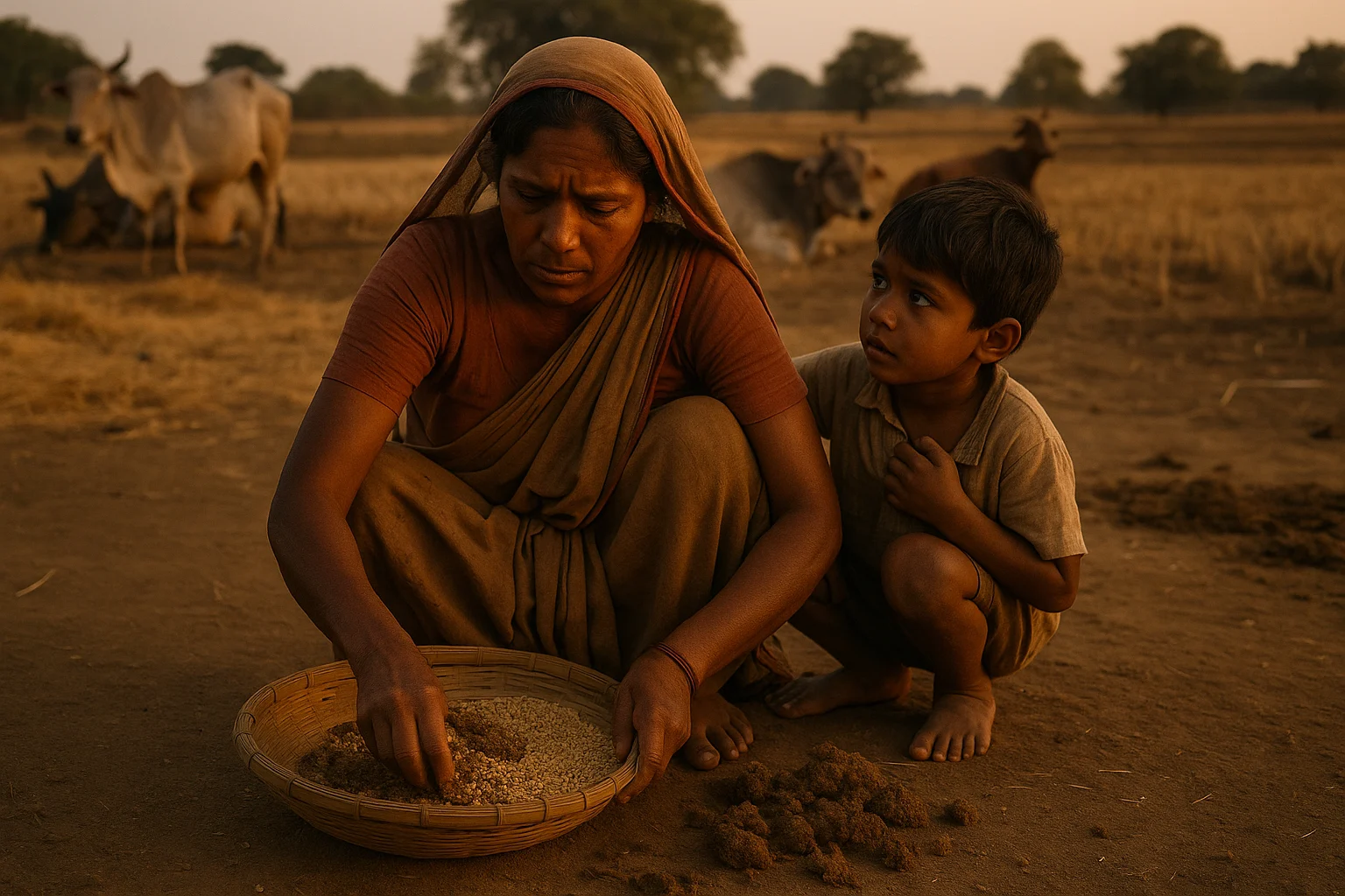 Rural woman in sari sifting undigested wheat grains from bull dung, young boy beside her, dusk in Uttar Pradesh