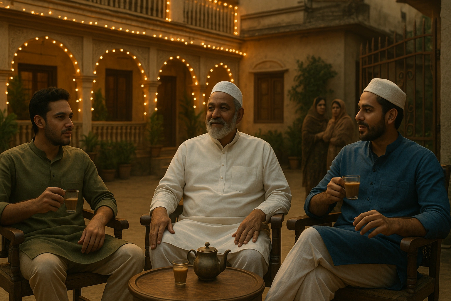 Two young sons-in-law sip tea with Rahman in a grand courtyard, while neighbors whisper at the gate.