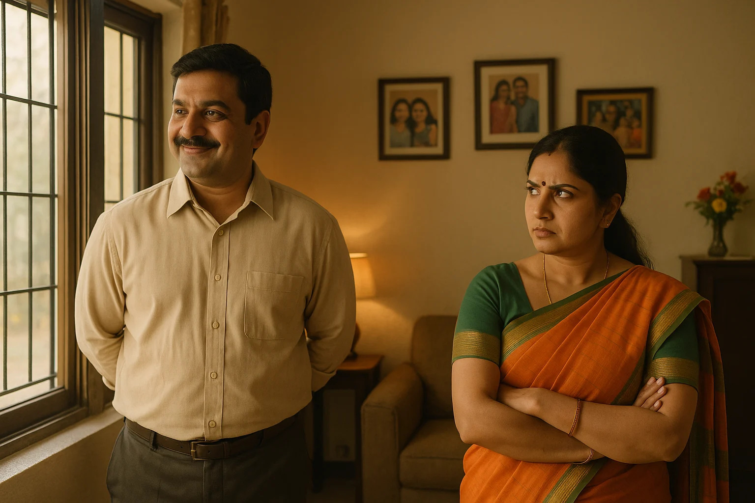 Indian couple in living room, wife giving suspicious look to smiling husband near window.