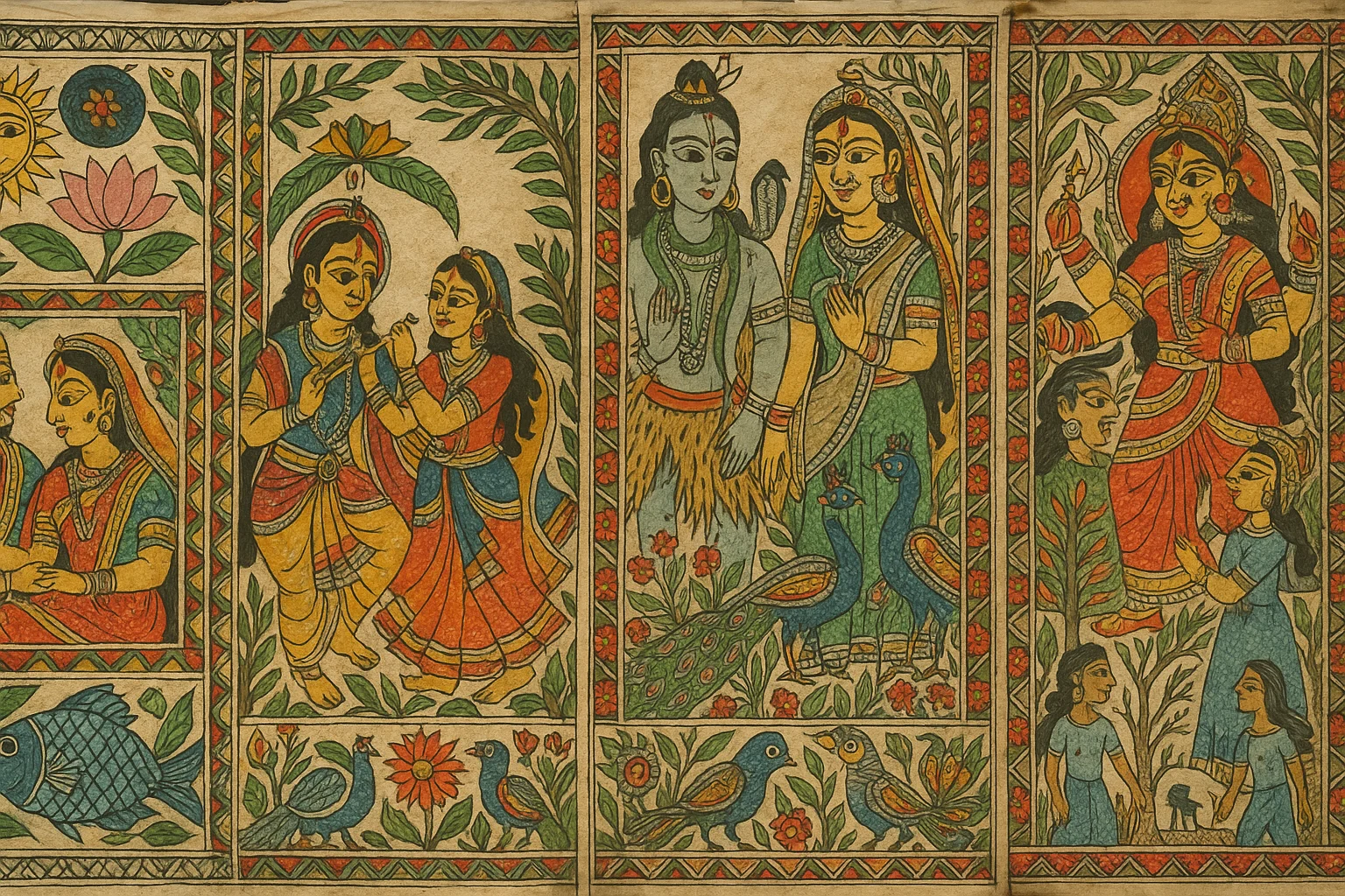 Madhubani paintings depicting Rama-Sita wedding, Krishna with gopis, Shiva-Parvati, and Durga slaying Mahishasura alongside nature motifs.