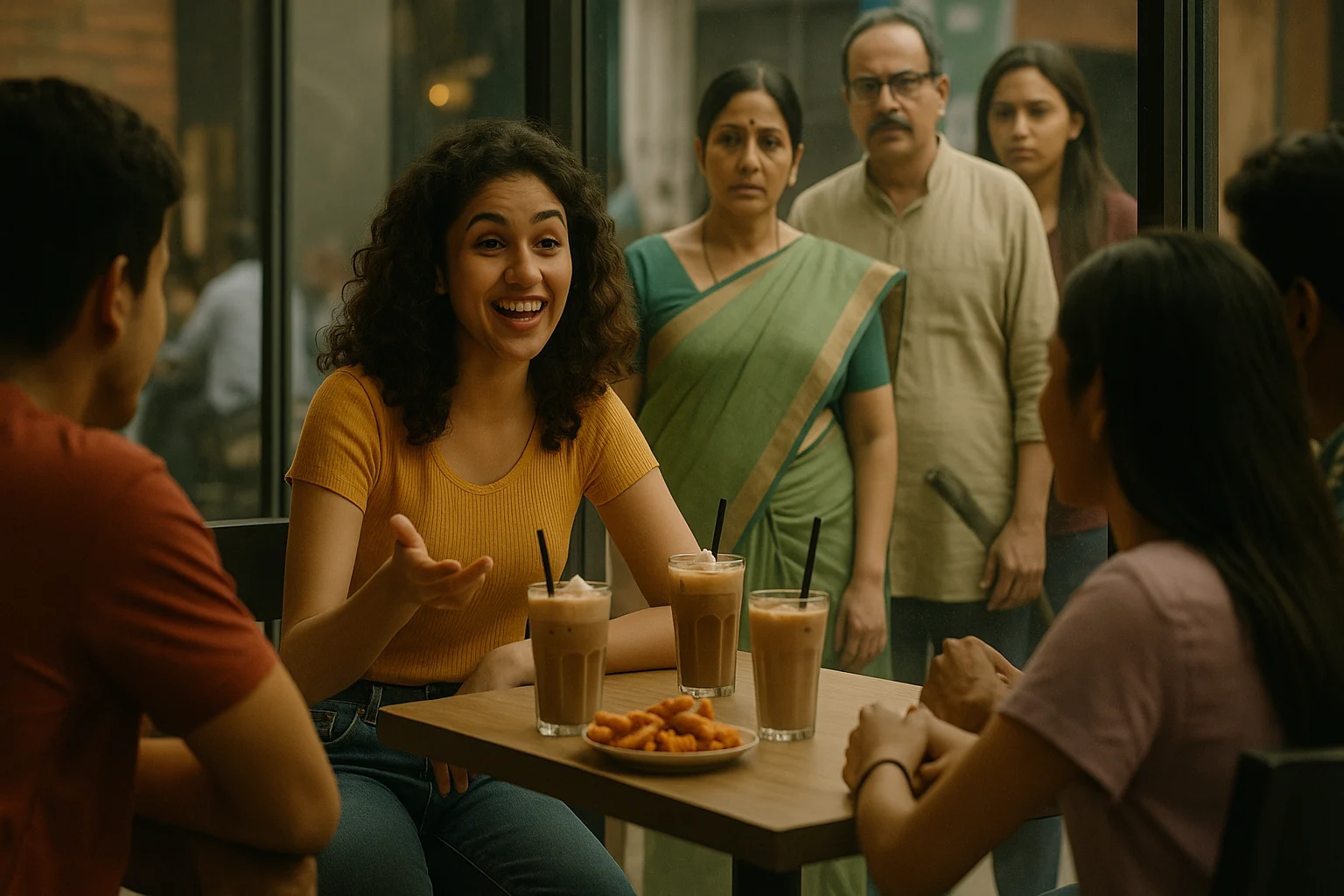 A confident teenage Ritika laughs with friends in a café while her worried parents and sisters watch silently from outside.