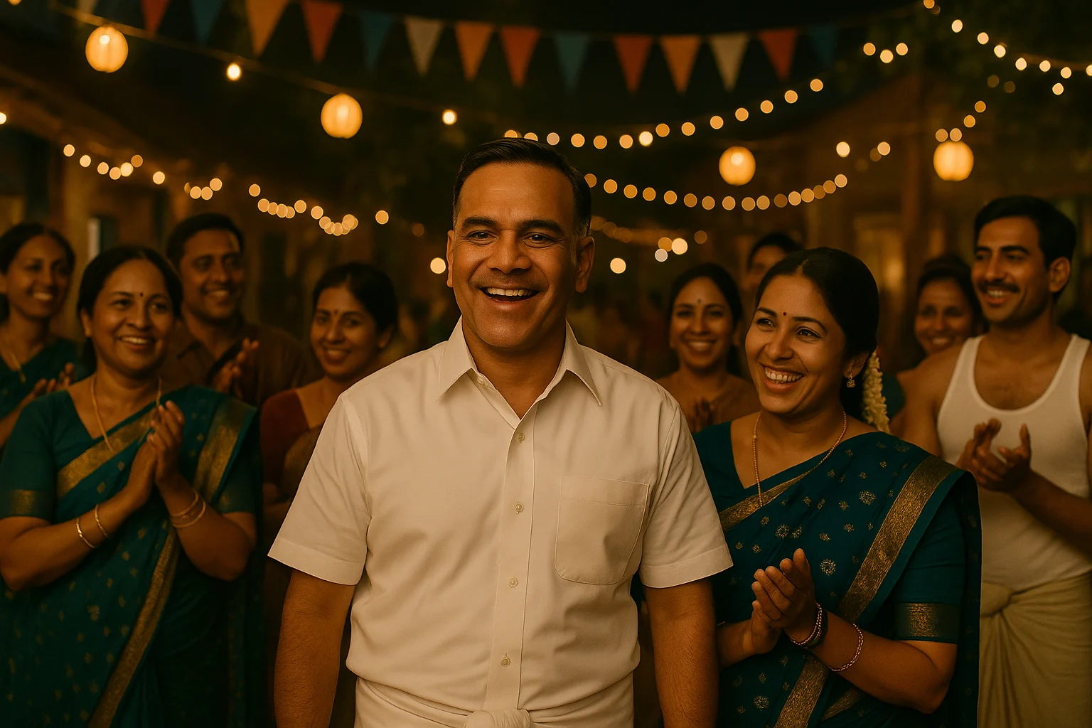 Periyasamy arrives clean-shaven at his anniversary celebration, smiling with his wife as townsfolk clap and cheer under festive lanterns.